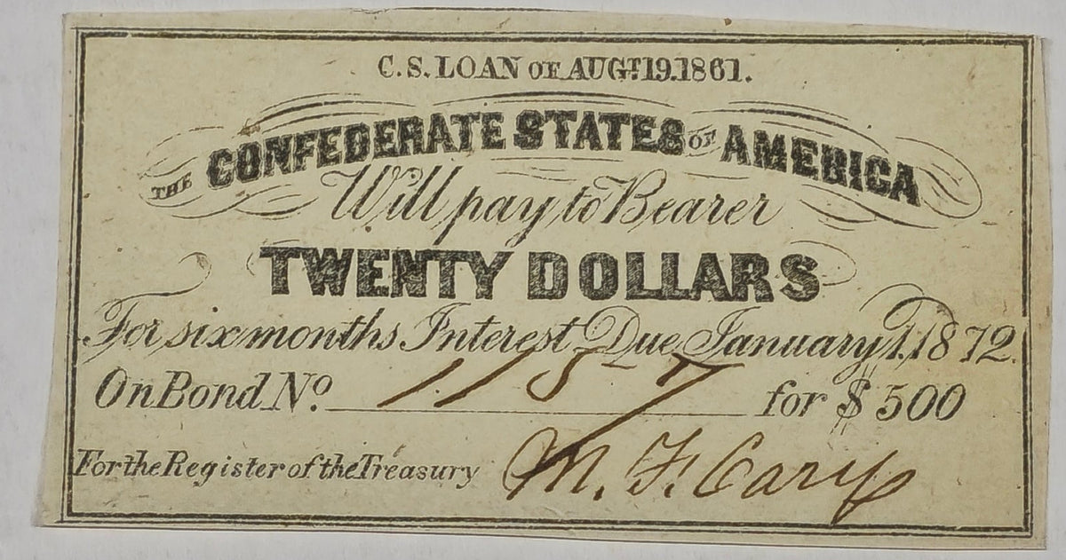 1861 $20 Confederate States America Bond Coupon Civil War 8% Loan CSA 1872 AU