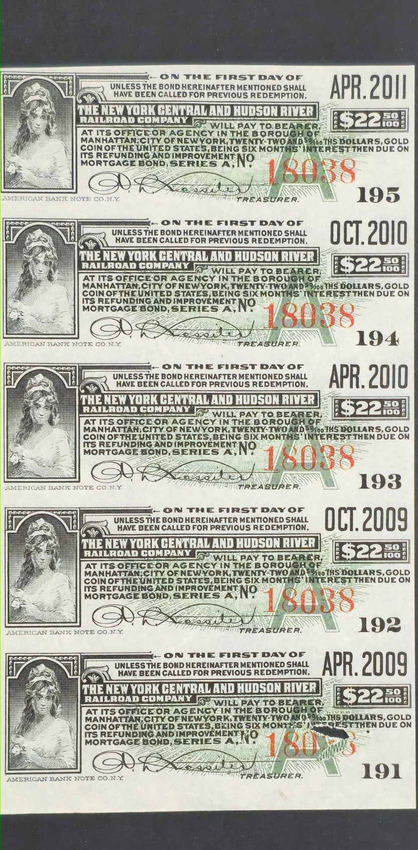1913 NY Central Hudson River Railroad 100 Year Gold Bond 5 Coupon Strip UNC