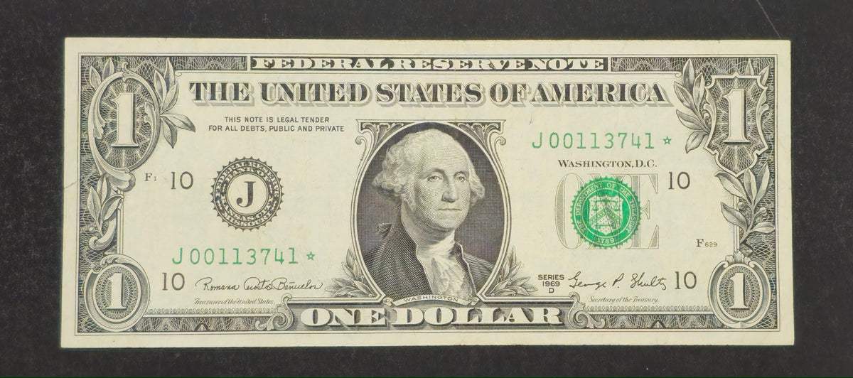 1969D $1 Star Note Fr 1906-J* Kansas City Low 6-Digit 00113741* UNC Bill
