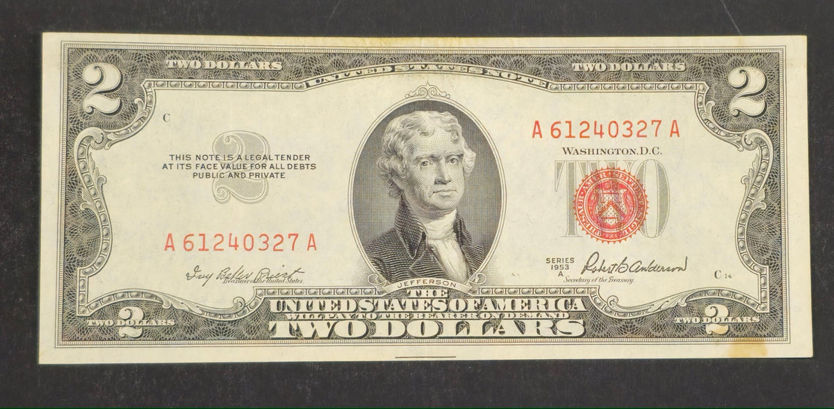 1953A $2 Red Seal Legal Tender Note Fr 1509 Monticello Vintage Bill AU Choice