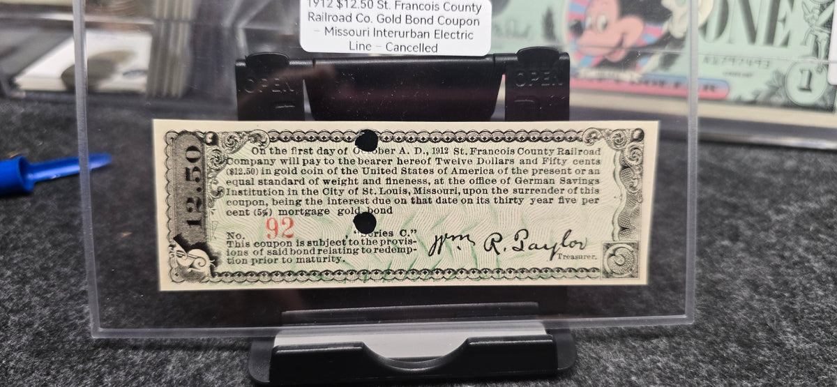 1912 $12.50 St Francois County Railroad Bond Coupon Missouri Gold Coin VF Scrip