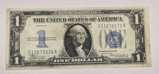 1934 $1 Silver Certificate Funnyback Blue Seal (970A) - CRISP, WRINKLE FREE