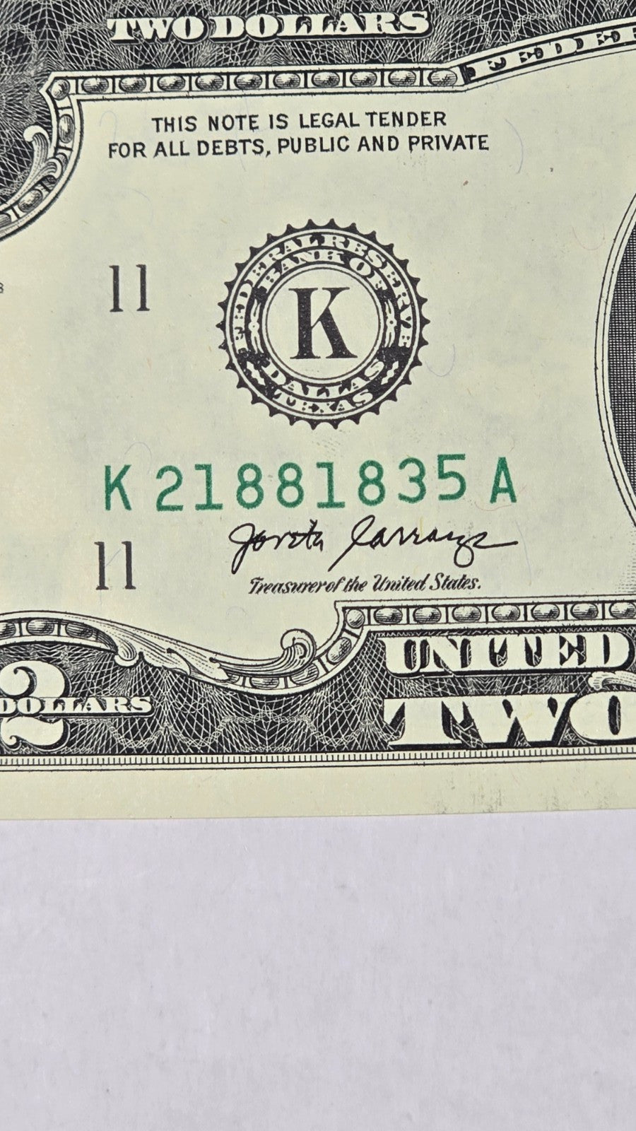 2017A $2 / 4-Note Consecutive Run – Dallas District "Gas Pump" / High Tens Digit