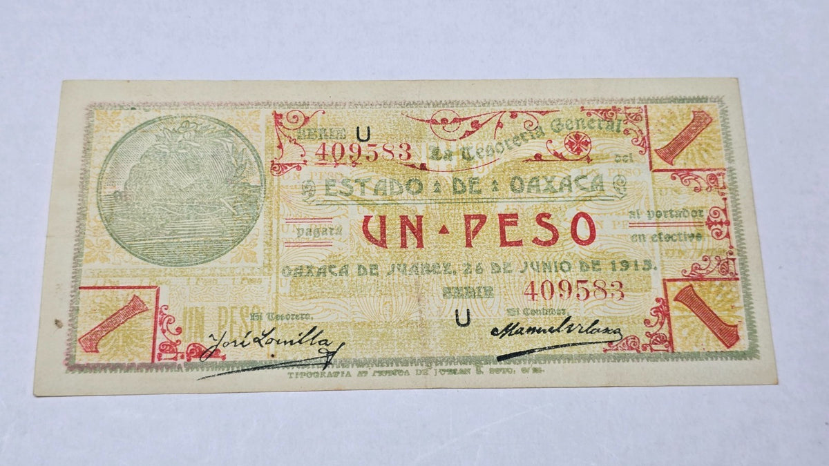 Mexico 1915 Oaxaca 1 Peso "Soberano" (Serie U / Decreto No. 2) (409583)