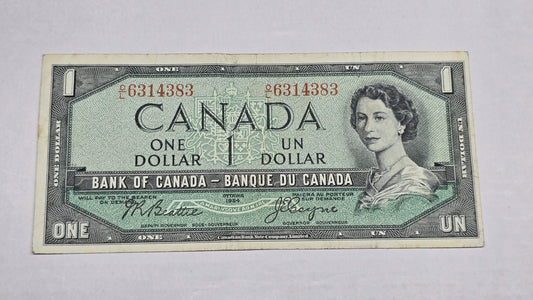 Canada 1954 $1 Banknote Modified Hair Beattie Coyne (383) L/O Block AU/UNC