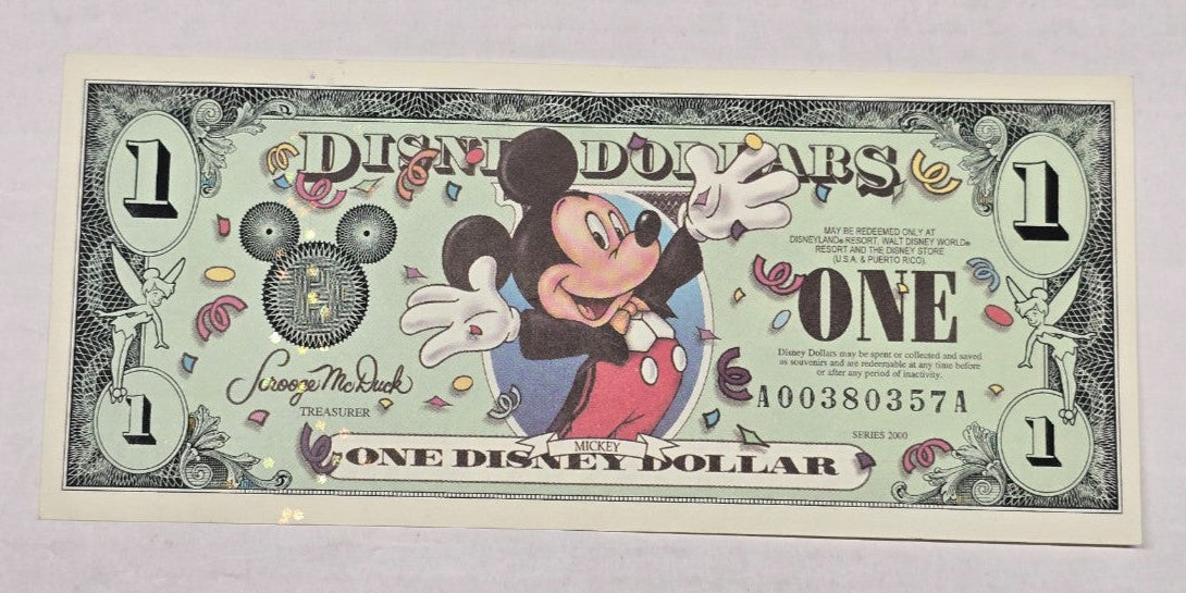 2000 $1 Disney Dollar Mickey Mouse Millennium Epcot Spaceship Earth A-A Block CU