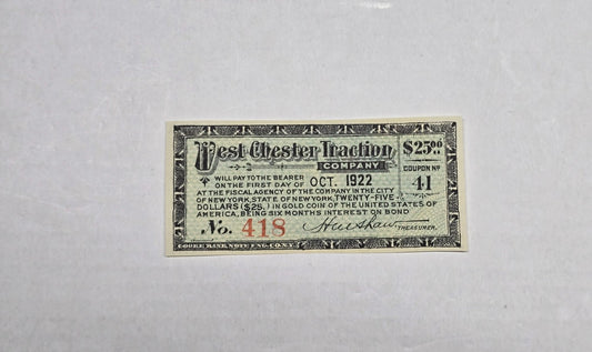 1922 West Chester Traction Company $25 Gold Bond Interest Coupon No. 41 Crisp UN
