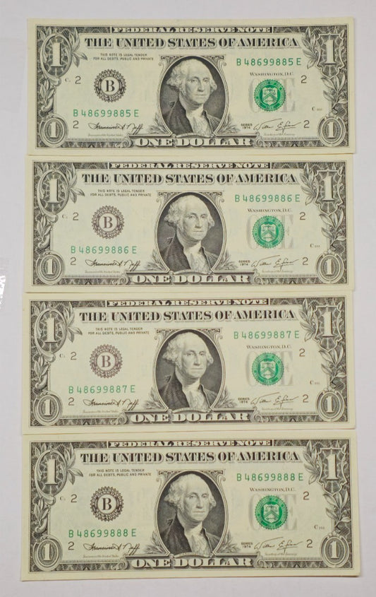 1974 1 Dollar Bill 4 Consecutive Notes Quad 8 New York Pack Fresh Unc (888)