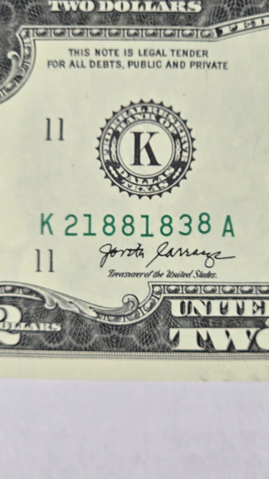 2017A $2 / 4-Note Consecutive Run – Dallas District "Gas Pump" / High Tens Digit