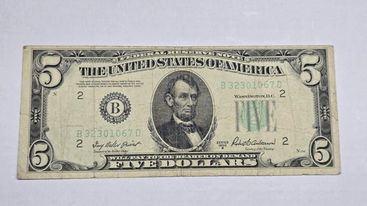 1950B $5 Federal Reserve Note New York B-D Priest Anderson (067D)