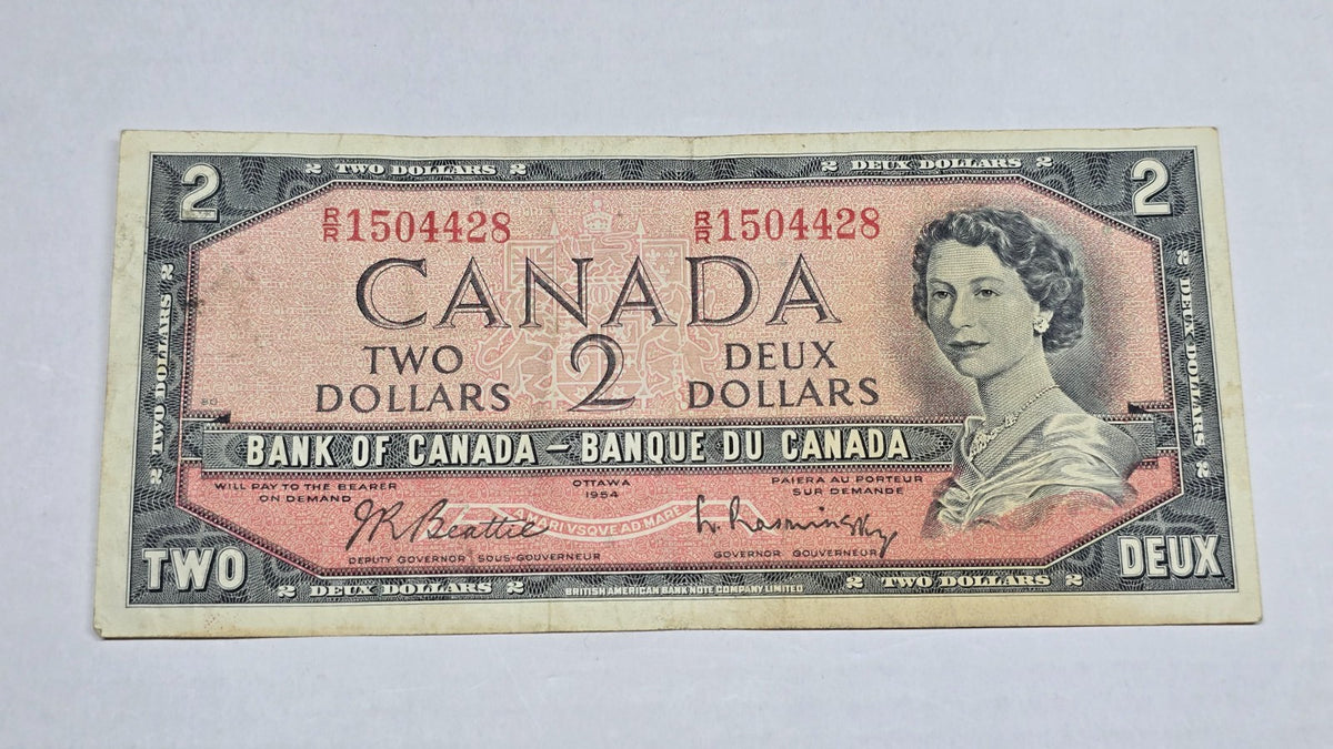 Canada 1954 $2 Banknote Modified Hair Beattie Rasminsky (428) R/R Block VF