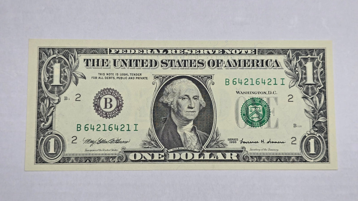 1999 $1 Federal Reserve Note New York B-I Repeater Serial 64216421 Gem UNC