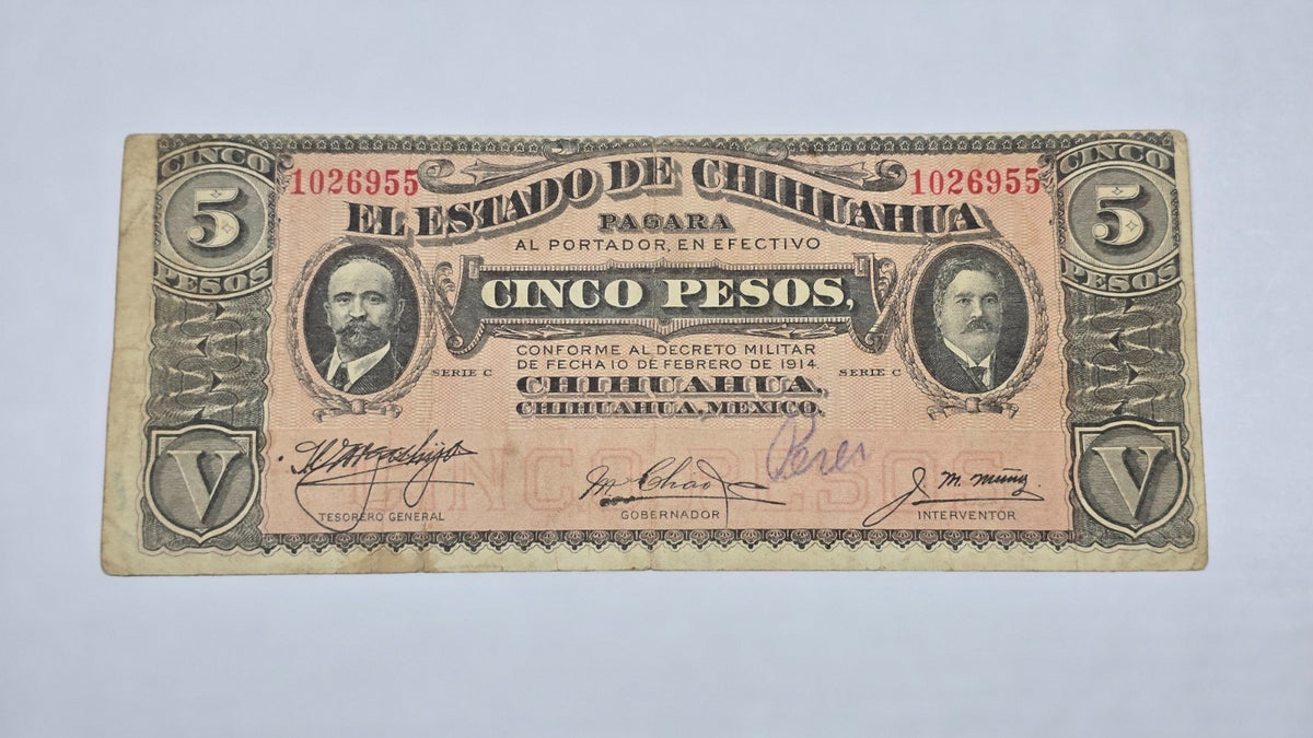 Mexico – State of Chihuahua 1914 5 Pesos "Dos Caritas" (Serie C, 955)