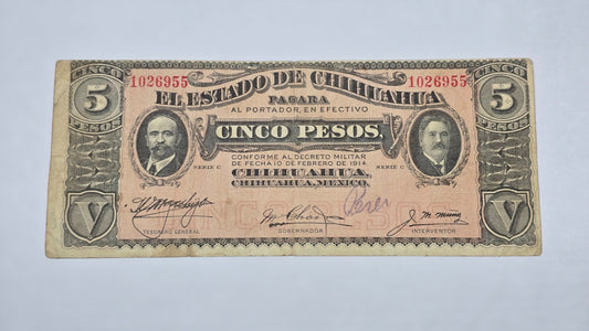 Mexico – State of Chihuahua 1914 5 Pesos "Dos Caritas" (Serie C, 955)
