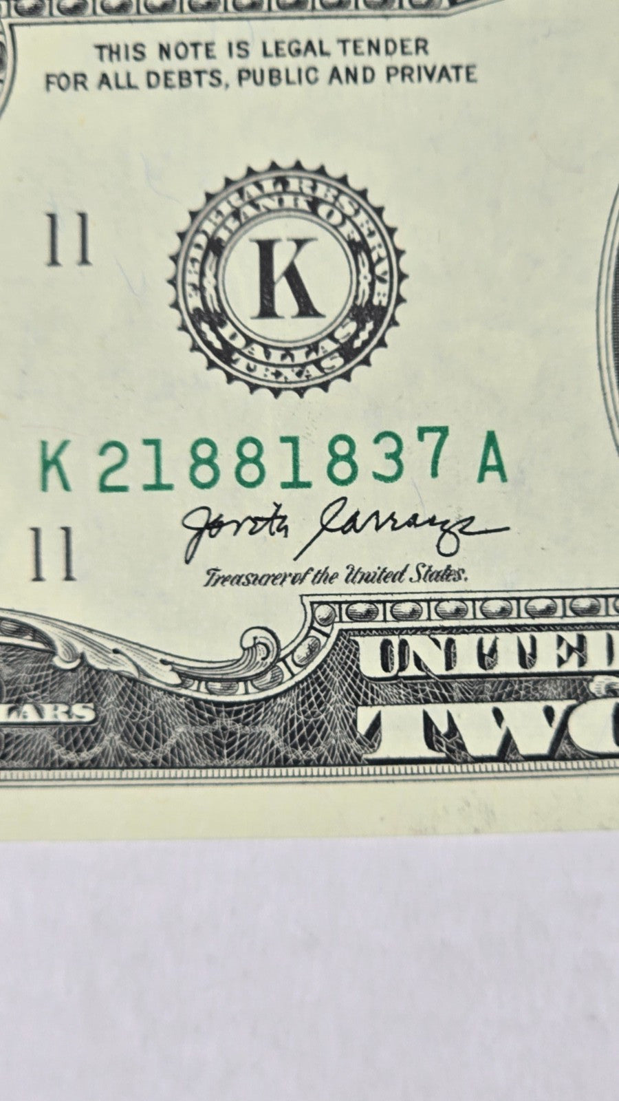 2017A $2 / 4-Note Consecutive Run – Dallas District "Gas Pump" / High Tens Digit