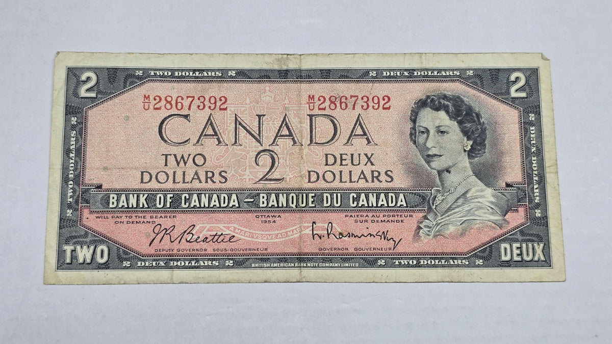 Canada 1954 $2 Banknote Modified Hair Beattie Rasminsky (392) U/R Block VF