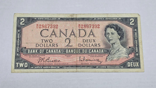 Canada 1954 $2 Banknote Modified Hair Beattie Rasminsky (392) U/R Block VF