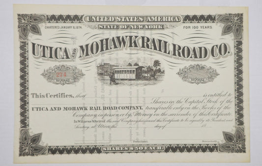 1870s New York Railroad Stock Certificate Utica & Mohawk Horse Drawn Trolley 275