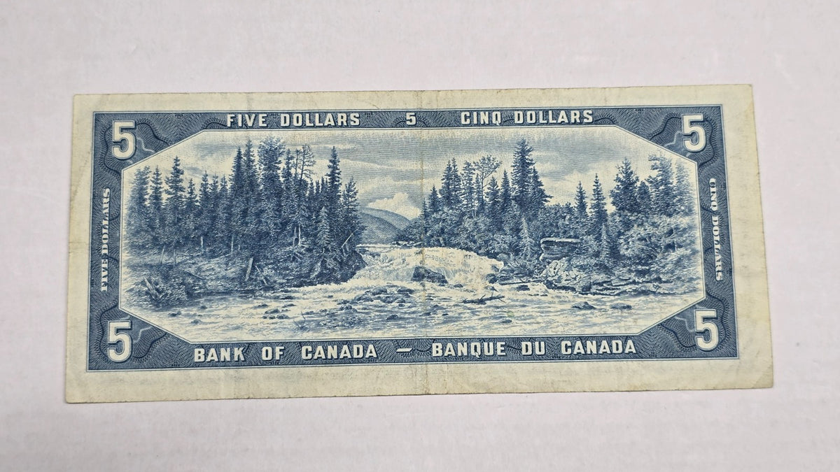 Canada 1954 $5 Banknote Modified Hair Beattie Rasminsky Pick 77b S/A Block XF/AU (586)