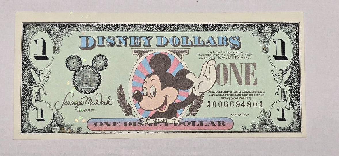 1999 $1 Disney Dollar Mickey Mouse Disneyland A-A Block Series 1999 Crisp UNC