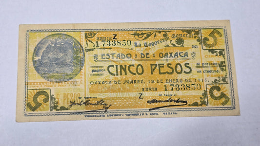 Mexico 1916 Oaxaca 5 Pesos "Soberano" (Serie Z / Decreto No. 18)