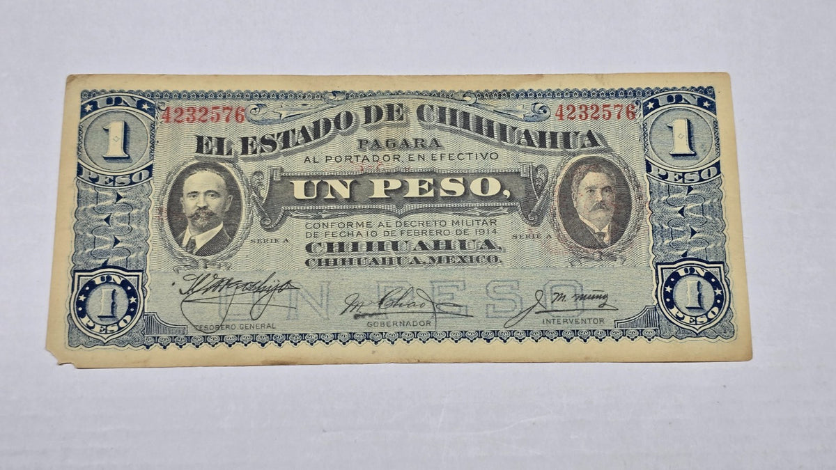 Mexico – State of Chihuahua 1914 (4-1-15 Date stamp) 1 Peso "Dos Caritas" (576)