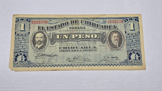 Mexico – State of Chihuahua 1914 (4-1-15 Date stamp) 1 Peso "Dos Caritas" (576)