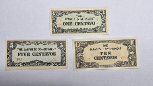 1942 Philippines WWII Japanese Invasion Money 1, 5, 10 Centavos Notes P102-104