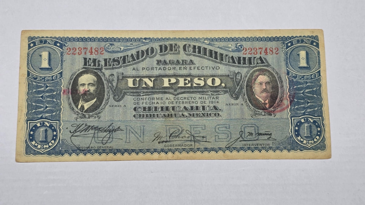 Mexico – State of Chihuahua 1914 1 Peso "Dos Caritas" (Serie A, 482)