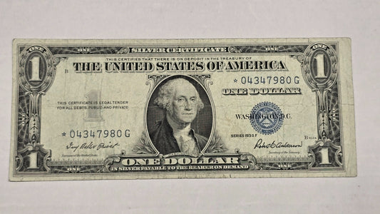1935F **$1** Silver Certificate Star Note Blue Seal (980G) VF Raw