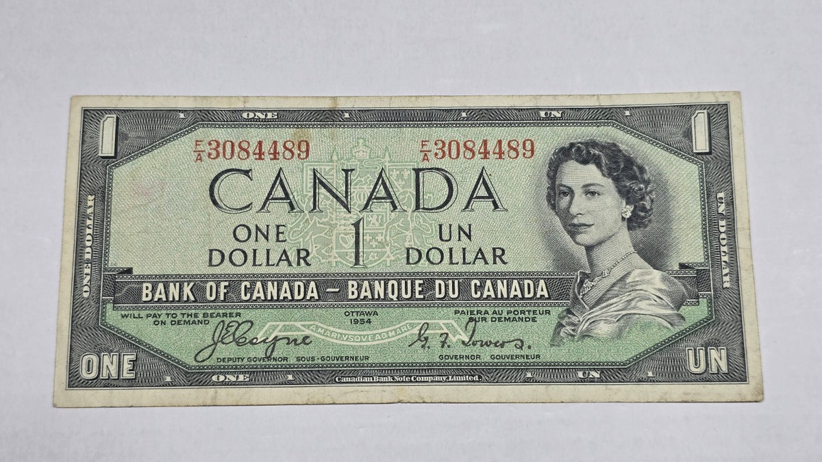 Canada 1954 $1 Devil's Face Banknote Coyne Towers (489) I/O Block VF/XF