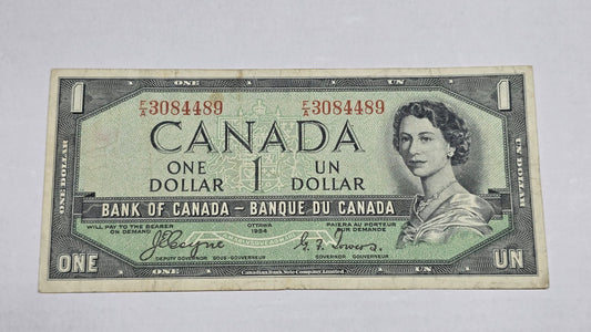 Canada 1954 $1 Devil's Face Banknote Coyne Towers (489) I/O Block VF/XF