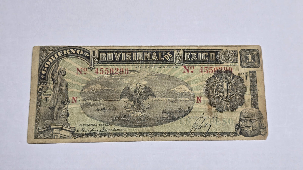 1916 Mexico 1 Peso Revolutionary Banknote Infalsificable (290) Serie T Fine/VF