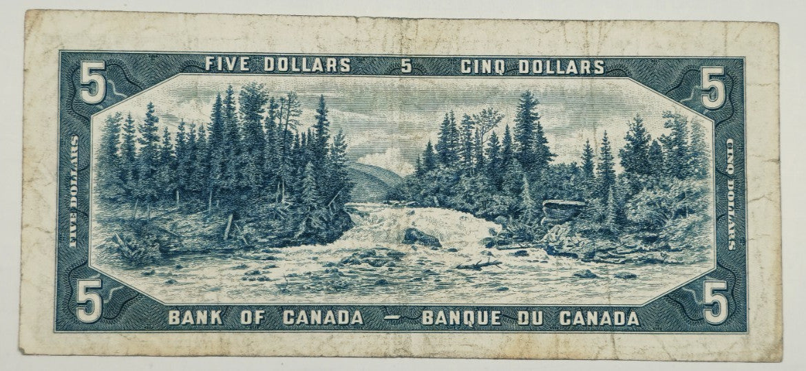 Canada 1954 $5 Banknote Low Serial 0001304 Beattie Rasminsky BC-39b Pick 77b VF