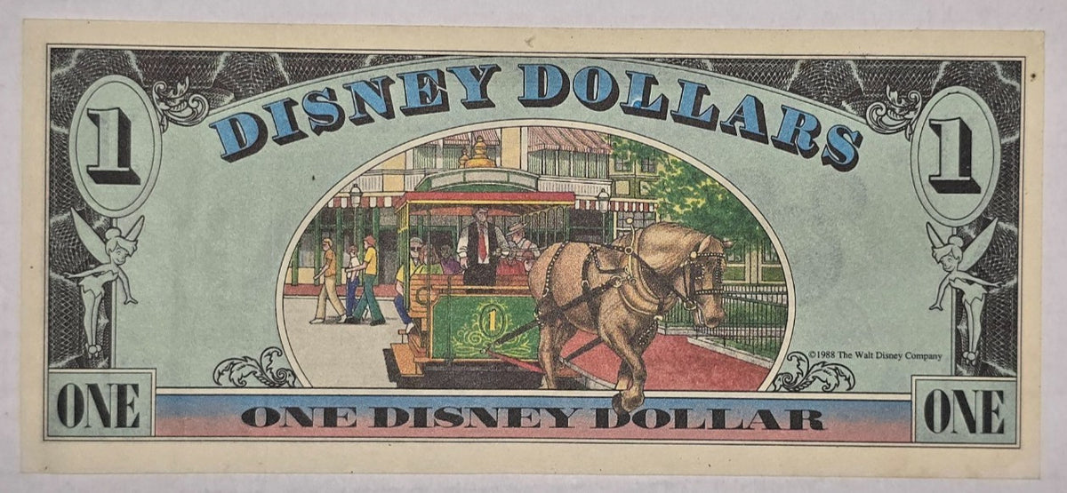 1988 $1 Disney Dollar Walt Disney World D-Block Mickey Mouse Horse Car CU