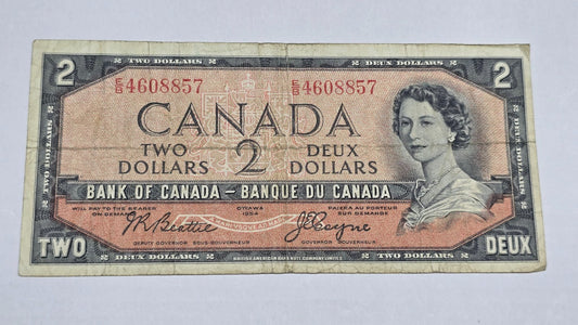 Canada 1954 $2 Devil's Face Banknote Beattie Coyne (857) E/R Block VF