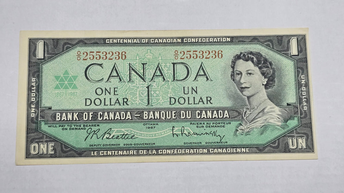 Canada 1967 $1 Centennial Banknote Beattie Rasminsky (236) Serialized AU/UNC