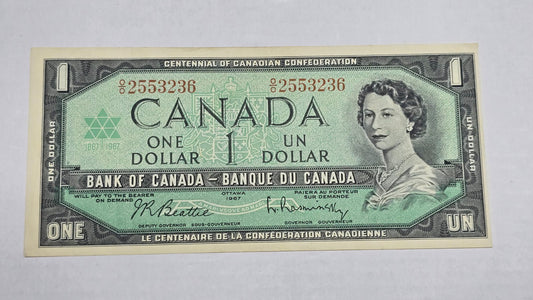 Canada 1967 $1 Centennial Banknote Beattie Rasminsky (236) Serialized AU/UNC