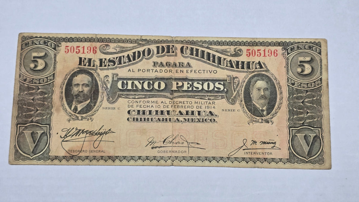 Mexico – State of Chihuahua 1914 5 Pesos "Dos Caritas" (Serie C, 196)