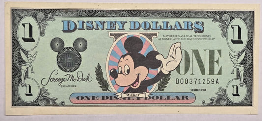 1988 $1 Disney Dollar Walt Disney World D-Block Mickey Mouse Horse Car CU