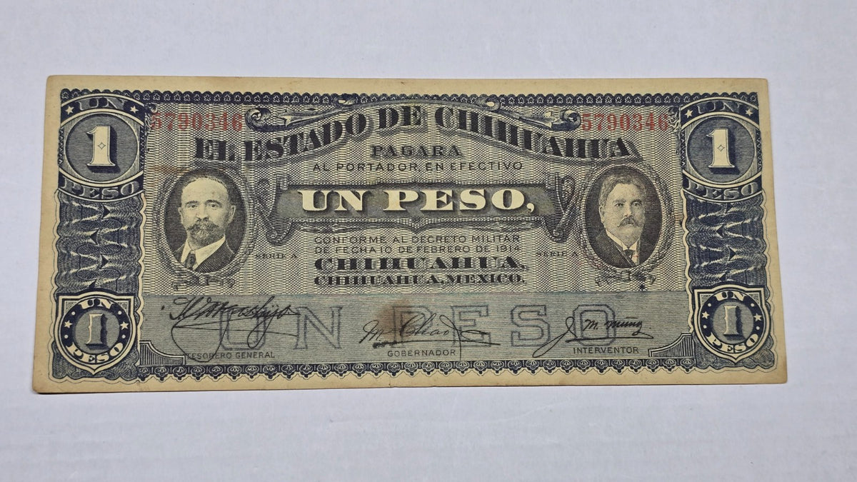 Mexico – State of Chihuahua 1914 (4-1-15 Date stamp) 1 Peso "Dos Caritas"(346)