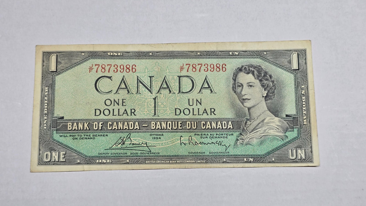 Canada 1954 $1 Banknote Modified Hair Bouey Rasminsky (986) F/W Block AU/UNC