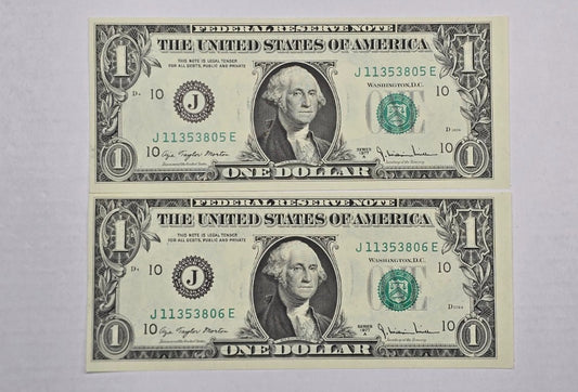 1977 $1 Federal Reserve Notes Consecutive Pair Kansas City J-E Block Gem CU
