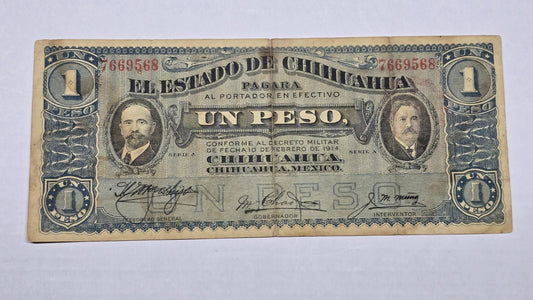Mexico – State of Chihuahua 1914 1 Peso "Dos Caritas" (Pancho Villa Issue) (568)