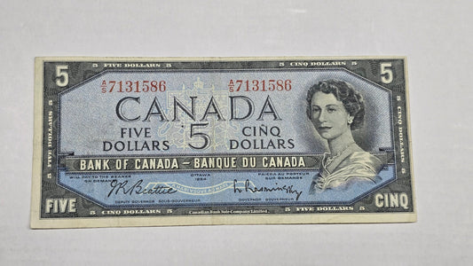 Canada 1954 $5 Banknote Modified Hair Beattie Rasminsky Pick 77b S/A Block XF/AU (586)