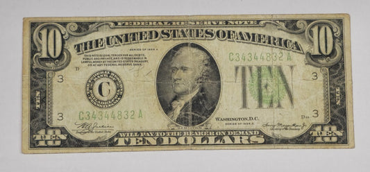 1934A $10 Federal Reserve Note Light Green Seal Philadelphia Fr.2006-C Fine 832A
