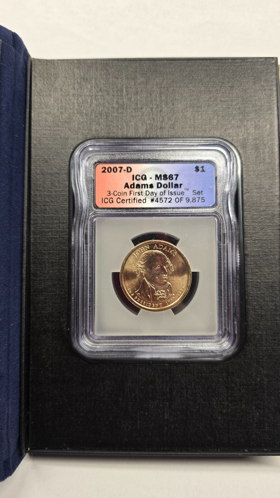 2007-D John Adams Presidential Dollar – ICG MS67 First Day of Issue 3-Coin Set