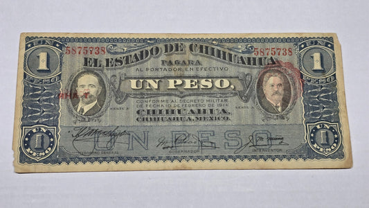 Mexico – State of Chihuahua 1914 1 Peso "Dos Caritas" (Serie A, 738)