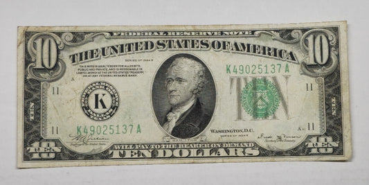 1934A $10 Federal Reserve Note Dallas K-A Vivid Green Seal Crisp VF (137A)