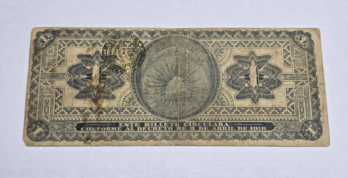 1916 Mexico 1 Peso Revolutionary Banknote Infalsificable (290) Serie T Fine/VF